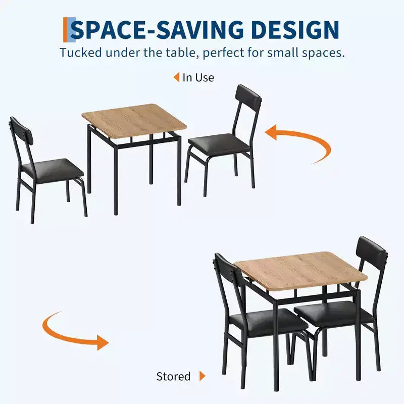Ensemble de salle à manger 3 pièces, ensemble de table de cuisine avec table de cuisine à grain de bois et 2 chaises en métal rembourrées en PU pour petit espace, dîner à la maison