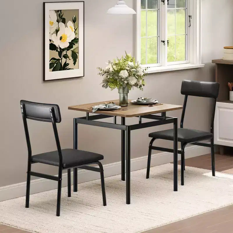 Ensemble de salle à manger 3 pièces, ensemble de table de cuisine avec table de cuisine à grain de bois et 2 chaises en métal rembourrées en PU pour petit espace, dîner à la maison