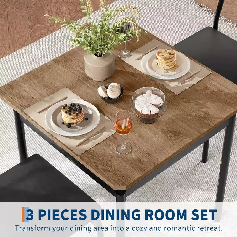 Ensemble de salle à manger 3 pièces, ensemble de table de cuisine avec table de cuisine à grain de bois et 2 chaises en métal rembourrées en PU pour petit espace, dîner à la maison