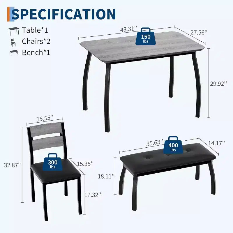 Ensemble de salle à manger COZONY 5 pièces avec table en bois, banc rembourré et 2 chaises, ensemble de dînette peu encombrant pour studio, cuisine, salle à manger