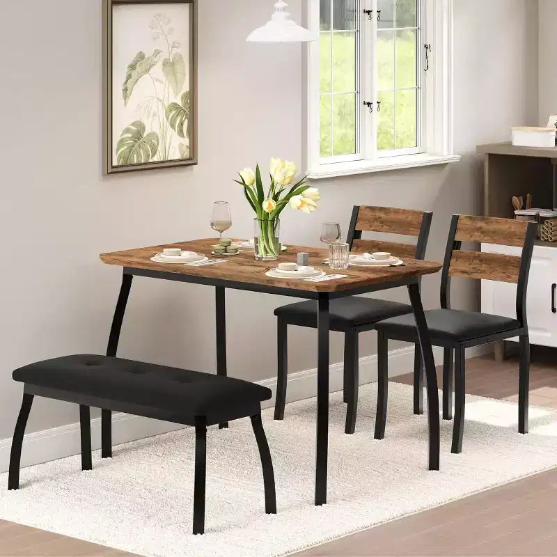 Ensemble de salle à manger 5 pièces en bois, banc rembourré et 2 chaises, ensemble de dînette peu encombrant pour studio, cuisine, salle à manger