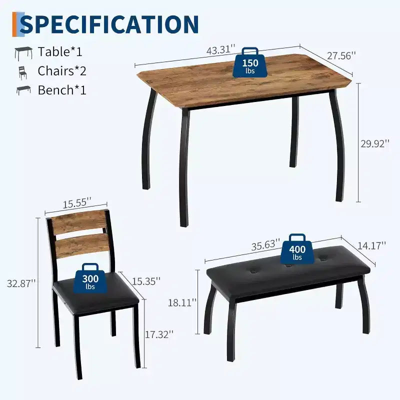 Ensemble de salle à manger 5 pièces en bois, banc rembourré et 2 chaises, ensemble de dînette peu encombrant pour studio, cuisine, salle à manger