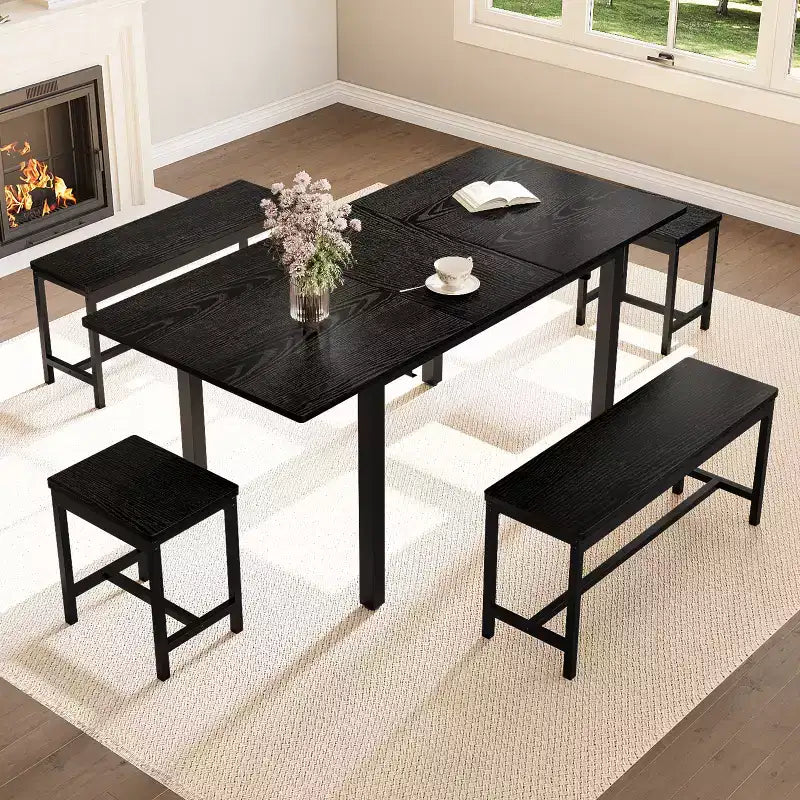 Ensemble de table de cuisine, table à manger extensible avec 2 bancs et 2 tabourets carrés, table de cuisine pour 8 personnes, assemblage facile