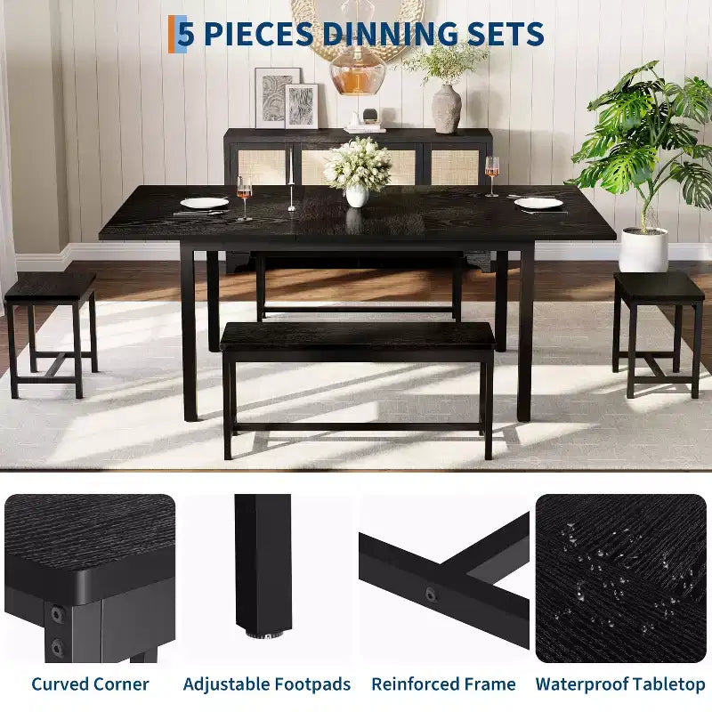 Ensemble de table de cuisine, table à manger extensible avec 2 bancs et 2 tabourets carrés, table de cuisine pour 8 personnes, assemblage facile