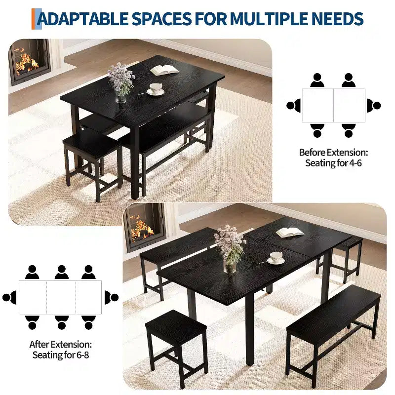 Ensemble de table de cuisine, table à manger extensible avec 2 bancs et 2 tabourets carrés, table de cuisine pour 8 personnes, assemblage facile