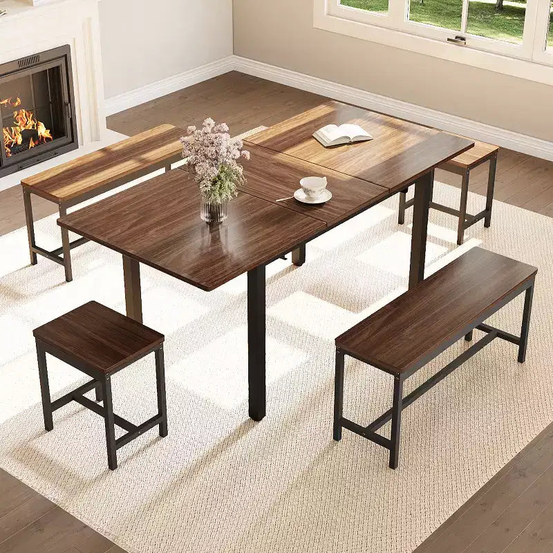 Ensemble de table de cuisine, table à manger extensible avec 2 bancs et 2 tabourets carrés, table de cuisine pour 8 personnes, assemblage facile