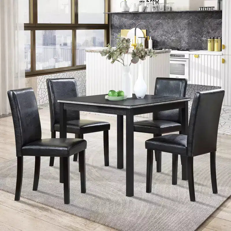 GDFStudio Jensen Modern 5 Piece Acacia Wood Faux Leather Upholstered Dining Chairs with Square Dining Table