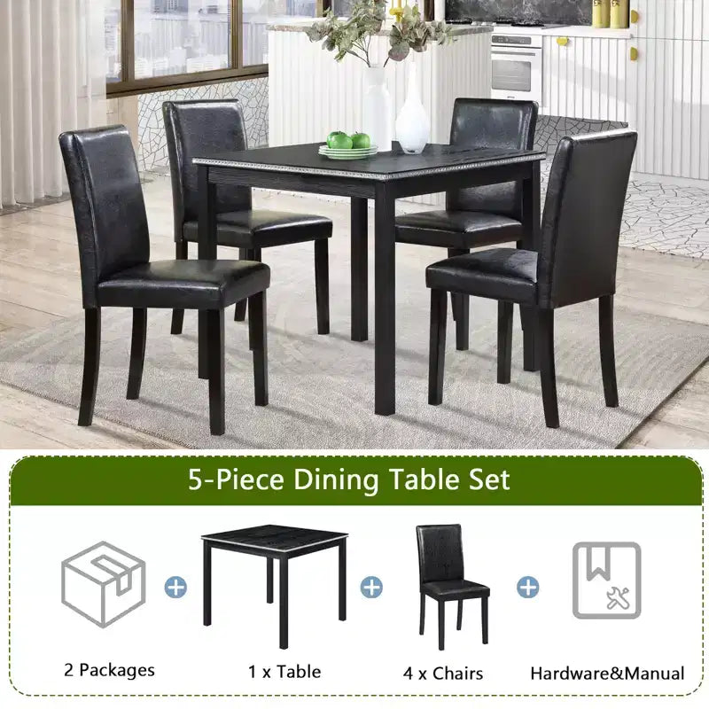 GDFStudio Jensen, ensemble moderne de 5 pièces : 4 chaises de salle à manger en bois d'acacia et similicuir avec table de salle à manger carrée