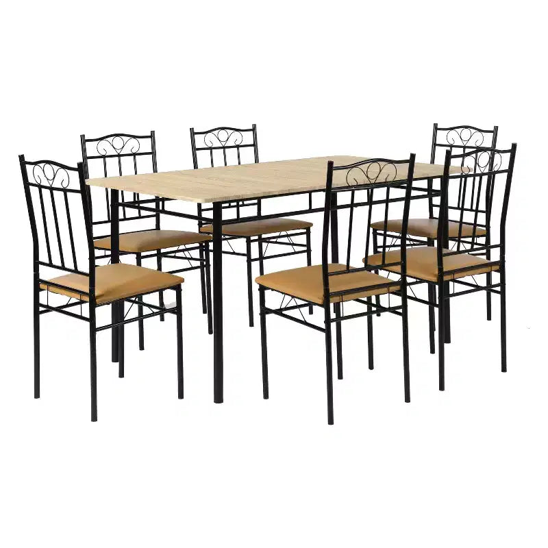 FurnitureR 7-Piece Dining Table Set for 6, Rectangular Kitchen Table with 6 PU Leather High-Back Chairs, Comfortable Dining Room Table Sets, Beech