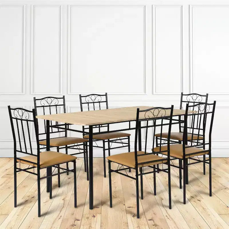 FurnitureR Ensemble de Salle à Manger 7 Pièces pour 6 Personnes, Table de Cuisine Rectangulaire avec 6 Chaises à Dossier Haut en Cuir PU, Ensembles de Table de Salle à Manger Confortables, Hêtre