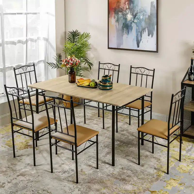 FurnitureR Ensemble de Salle à Manger 7 Pièces pour 6 Personnes, Table de Cuisine Rectangulaire avec 6 Chaises à Dossier Haut en Cuir PU, Ensembles de Table de Salle à Manger Confortables, Hêtre