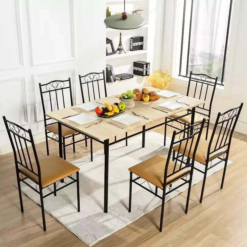 FurnitureR Ensemble de Salle à Manger 7 Pièces pour 6 Personnes, Table de Cuisine Rectangulaire avec 6 Chaises à Dossier Haut en Cuir PU, Ensembles de Table de Salle à Manger Confortables, Hêtre