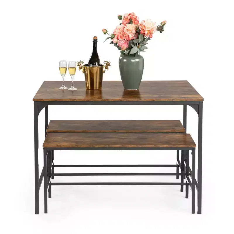 FurnitureR 3-Piece Dining Table Set with 2 Benches, Space-Saving Kitchen & Dining Room Set for Home or Restaurant, Metal Frame and MDF Top, Brown