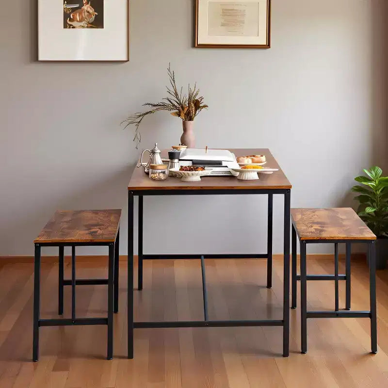 Ensemble de salle à manger 3 pièces FurnitureR avec 2 bancs, ensemble de cuisine et de salle à manger peu encombrant pour la maison ou le restaurant, cadre en métal et plateau en MDF, marron