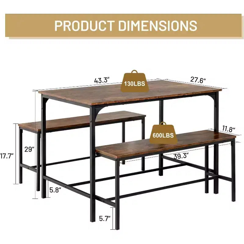 Ensemble de salle à manger 3 pièces FurnitureR avec 2 bancs, ensemble de cuisine et de salle à manger peu encombrant pour la maison ou le restaurant, cadre en métal et plateau en MDF, marron
