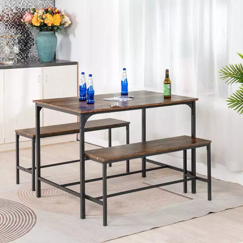 Ensemble de salle à manger 3 pièces FurnitureR avec 2 bancs, ensemble de cuisine et de salle à manger peu encombrant pour la maison ou le restaurant, cadre en métal et plateau en MDF, marron