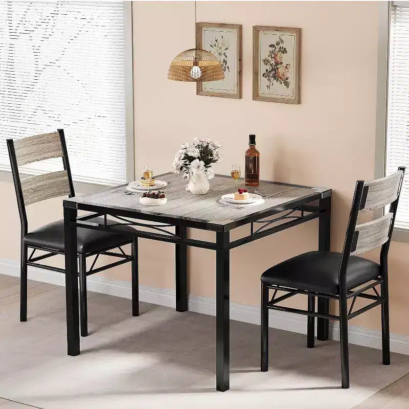 Ensemble Table à Manger pour 2, Table de Salle à Manger avec 2 Chaises Rembourrées, Ensemble Table et Chaises de Cuisine 3 Pièces en Bois avec Protection d'Angle pour Petits Espaces