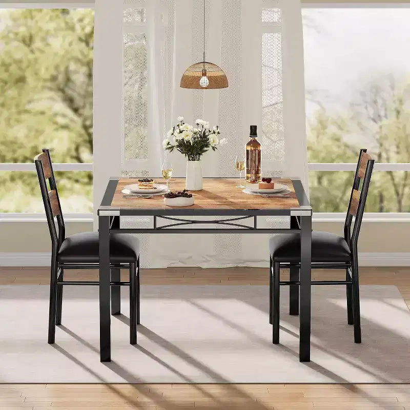 Ensemble Table à Manger pour 2, Table de Salle à Manger avec 2 Chaises Rembourrées, Ensemble Table et Chaises de Cuisine 3 Pièces en Bois avec Protection d'Angle pour Petits Espaces