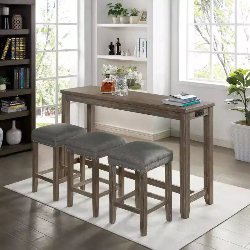 GDFStudio Wurtz 4-Piece Counter Height Dining Table Set with 3 Upholstered Stools, Nailhead Trim, USB Port