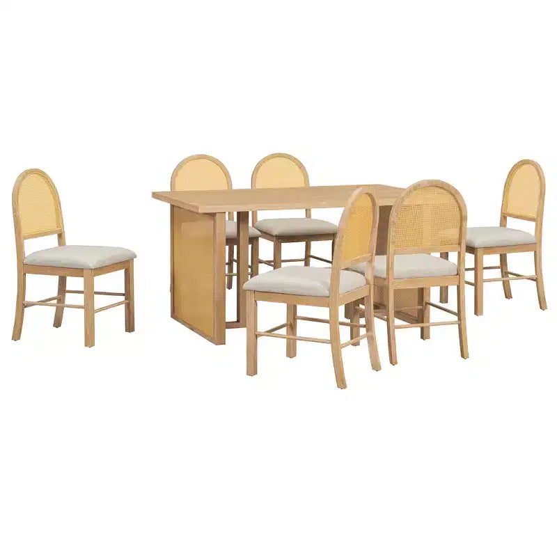 Ensemble de salle à manger GDFStudio Rose 7 pièces style ferme avec table à manger rectangulaire de 151,9 cm et chaises en rotin rembourrées