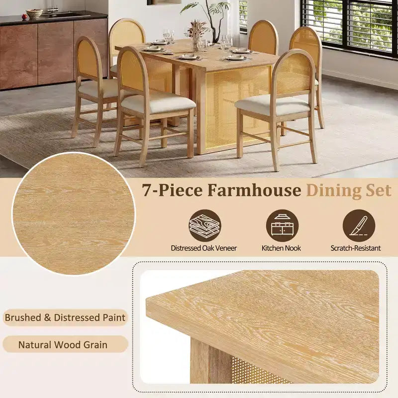 Ensemble de salle à manger GDFStudio Rose 7 pièces style ferme avec table à manger rectangulaire de 151,9 cm et chaises en rotin rembourrées