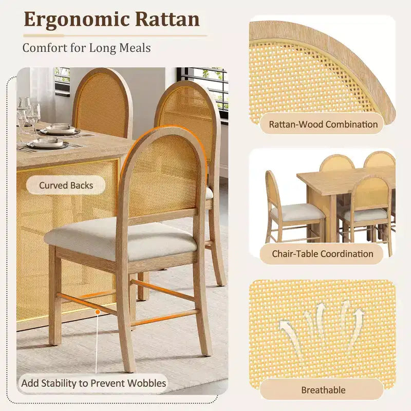 Ensemble de salle à manger GDFStudio Rose 7 pièces style ferme avec table à manger rectangulaire de 151,9 cm et chaises en rotin rembourrées