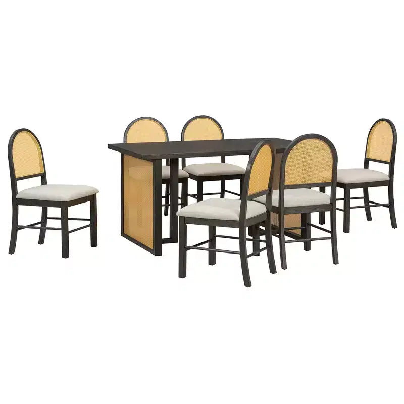 Ensemble de salle à manger GDFStudio Rose 7 pièces style ferme avec table à manger rectangulaire de 151,9 cm et chaises en rotin rembourrées