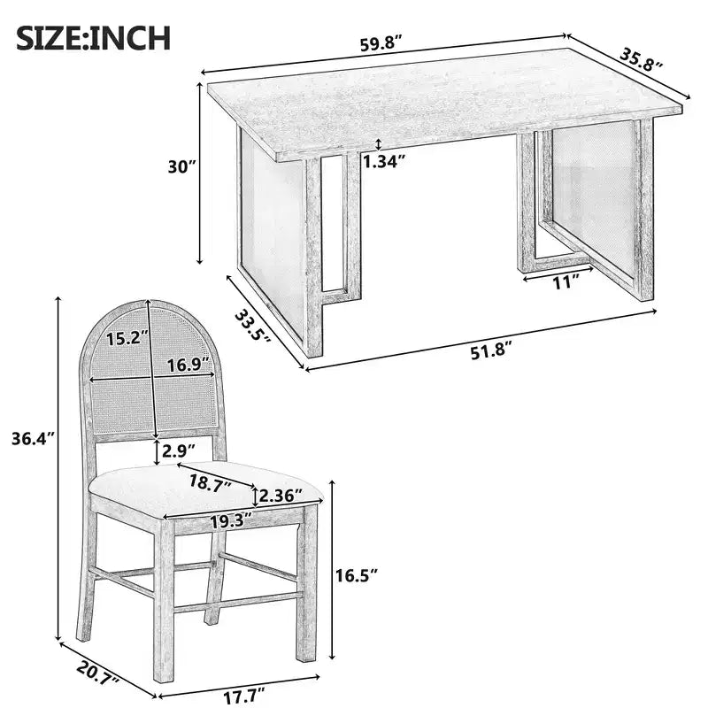 Ensemble de salle à manger GDFStudio Rose 7 pièces style ferme avec table à manger rectangulaire de 151,9 cm et chaises en rotin rembourrées