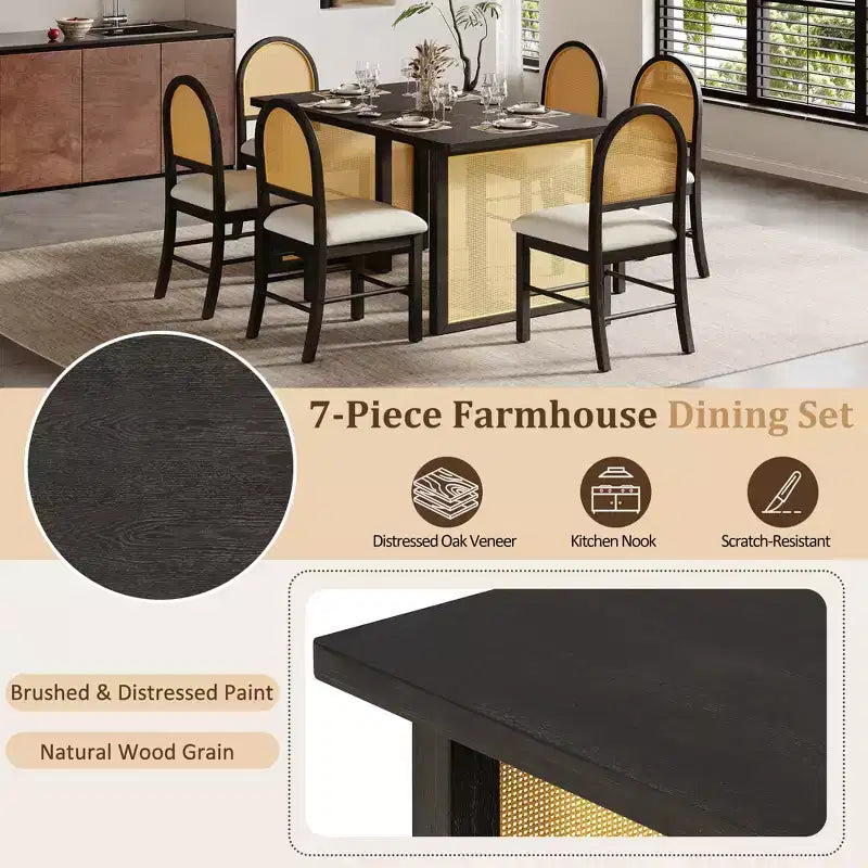 Ensemble de salle à manger GDFStudio Rose 7 pièces style ferme avec table à manger rectangulaire de 151,9 cm et chaises en rotin rembourrées