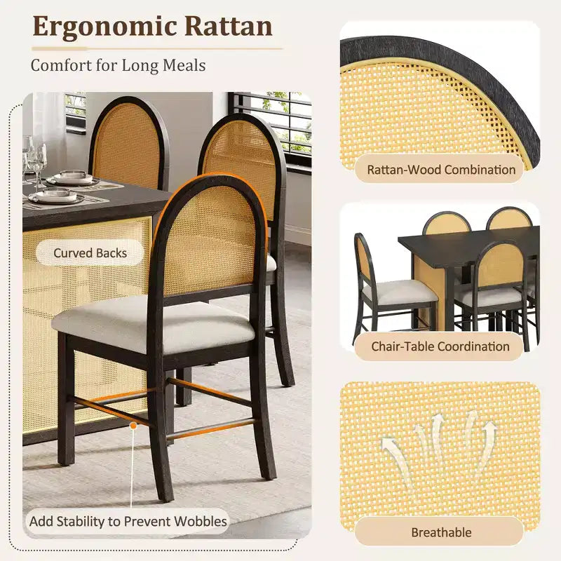 Ensemble de salle à manger GDFStudio Rose 7 pièces style ferme avec table à manger rectangulaire de 151,9 cm et chaises en rotin rembourrées