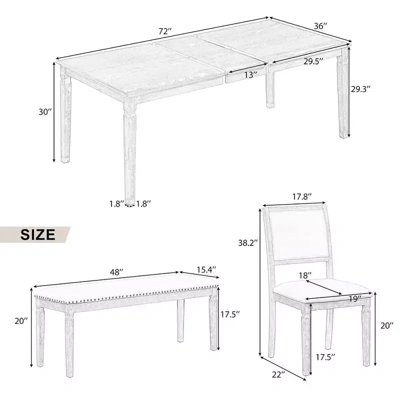 Ensemble de table à manger vintage Whisen et ensemble de table de cuisine rustique pour 6 personnes avec 4 chaises et un banc et des pieds sculptés rétro