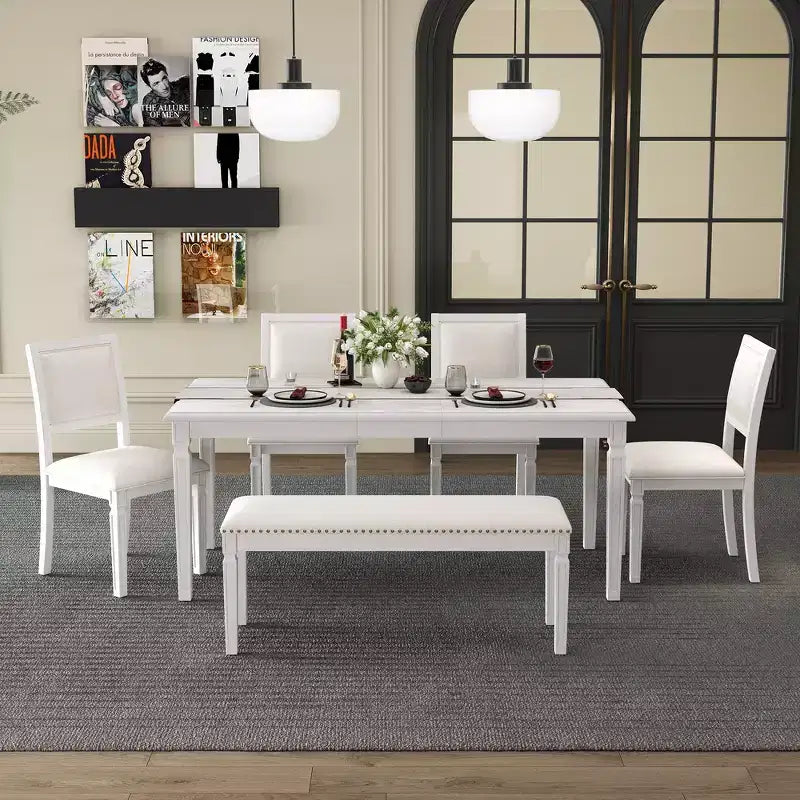Ensemble de table à manger vintage Whisen et ensemble de table de cuisine rustique pour 6 personnes avec 4 chaises et un banc et des pieds sculptés rétro