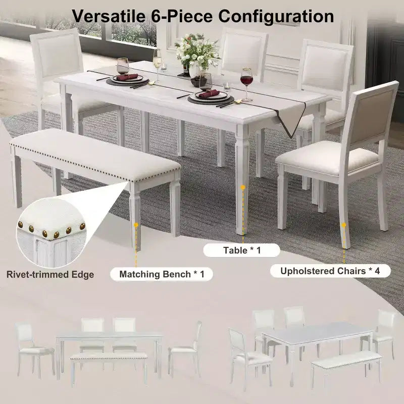 Ensemble de table à manger vintage Whisen et ensemble de table de cuisine rustique pour 6 personnes avec 4 chaises et un banc et des pieds sculptés rétro