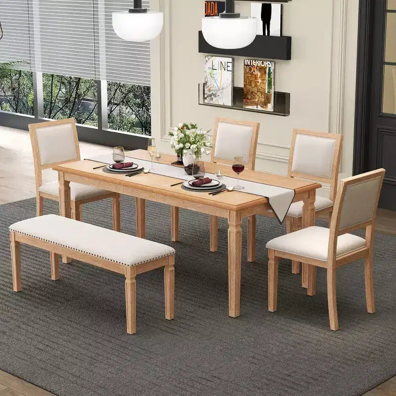 Ensemble de table à manger vintage Whisen et ensemble de table de cuisine rustique pour 6 personnes avec 4 chaises et un banc et des pieds sculptés rétro