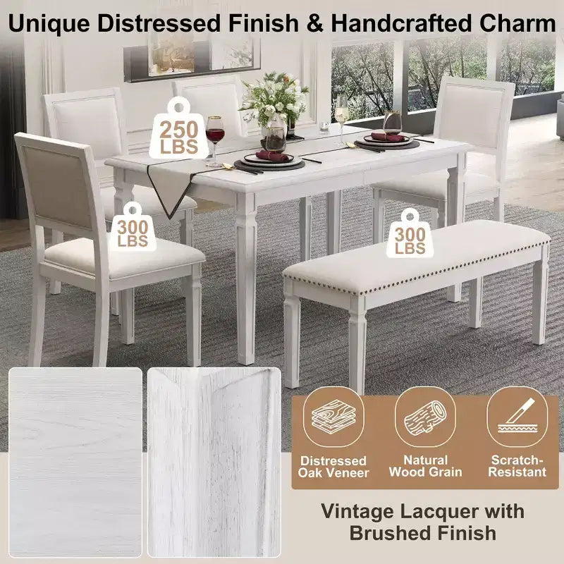 Ensemble de table à manger vintage Whisen et ensemble de table de cuisine rustique pour 6 personnes avec 4 chaises et un banc et des pieds sculptés rétro