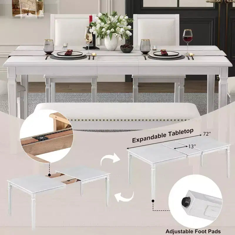 Ensemble de table à manger vintage Whisen et ensemble de table de cuisine rustique pour 6 personnes avec 4 chaises et un banc et des pieds sculptés rétro