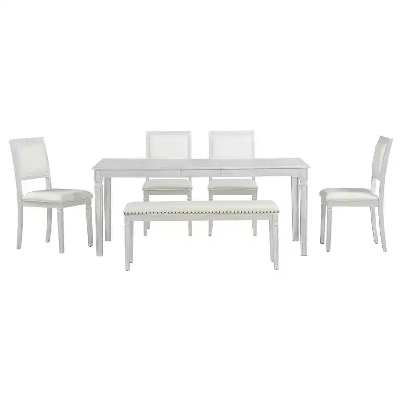 Ensemble de table à manger vintage Whisen et ensemble de table de cuisine rustique pour 6 personnes avec 4 chaises et un banc et des pieds sculptés rétro