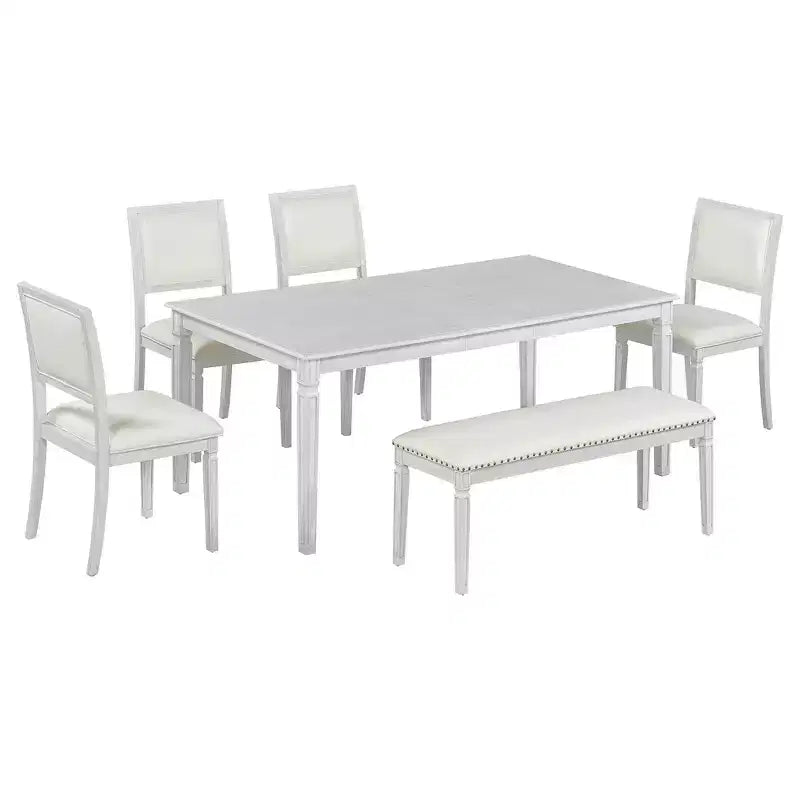 Ensemble de table à manger vintage Whisen et ensemble de table de cuisine rustique pour 6 personnes avec 4 chaises et un banc et des pieds sculptés rétro