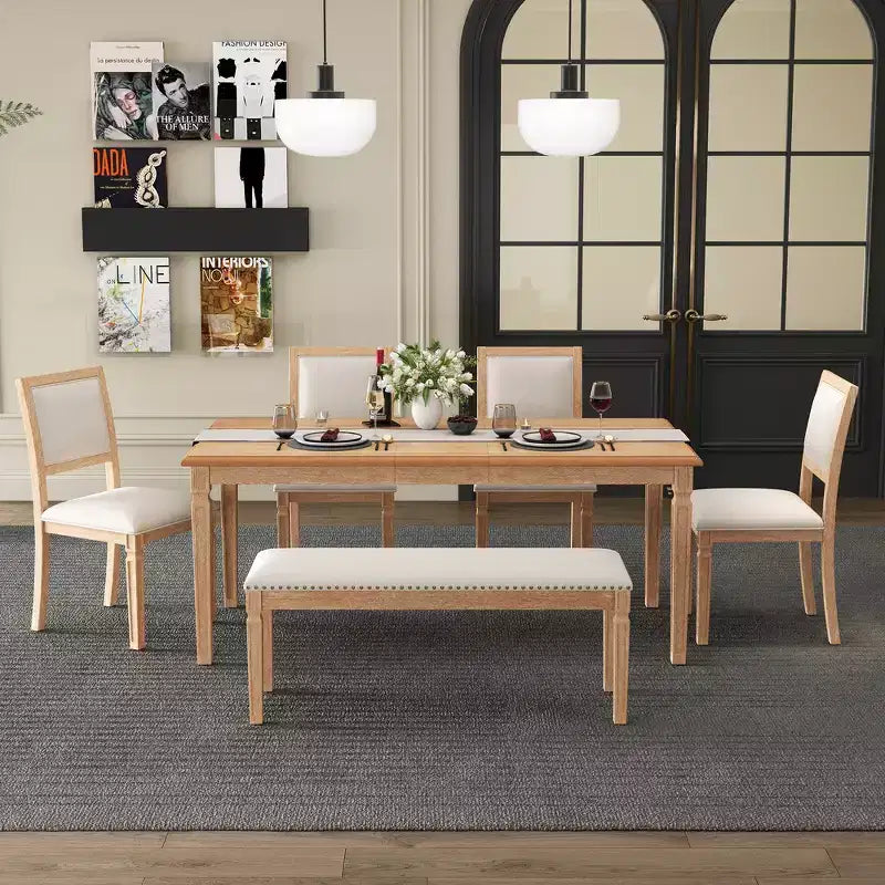 Ensemble de table à manger vintage Whisen et ensemble de table de cuisine rustique pour 6 personnes avec 4 chaises et un banc et des pieds sculptés rétro
