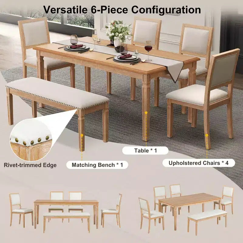 Ensemble de table à manger vintage Whisen et ensemble de table de cuisine rustique pour 6 personnes avec 4 chaises et un banc et des pieds sculptés rétro