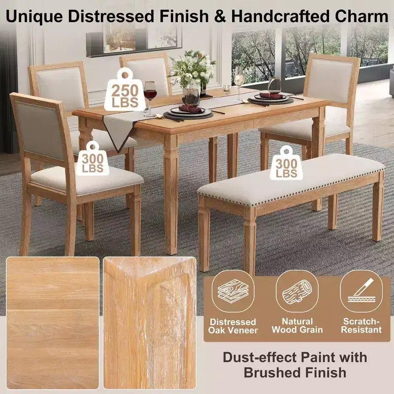 Ensemble de table à manger vintage Whisen et ensemble de table de cuisine rustique pour 6 personnes avec 4 chaises et un banc et des pieds sculptés rétro