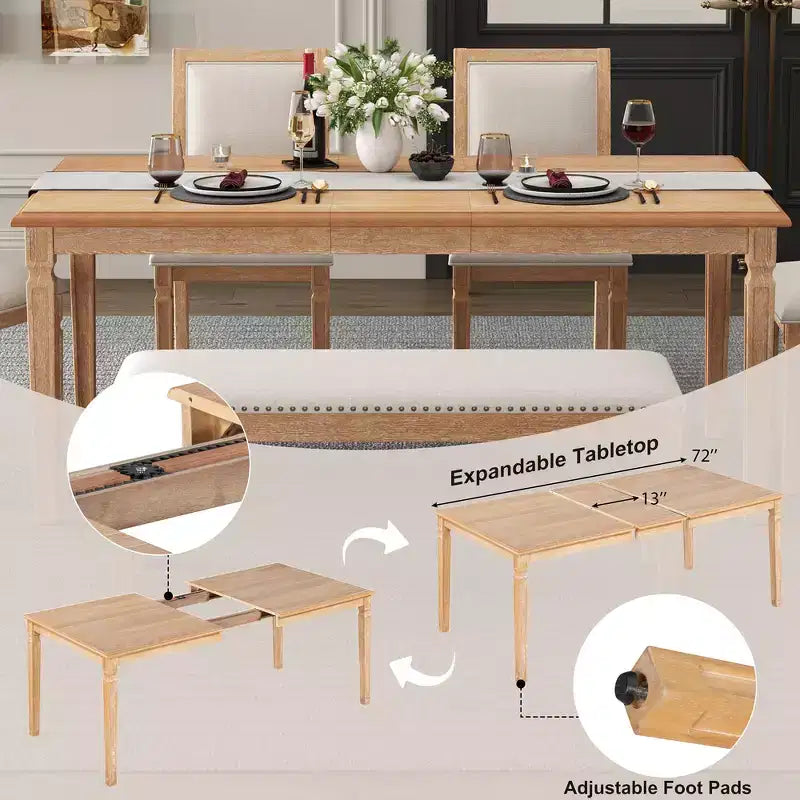 Ensemble de table à manger vintage Whisen et ensemble de table de cuisine rustique pour 6 personnes avec 4 chaises et un banc et des pieds sculptés rétro