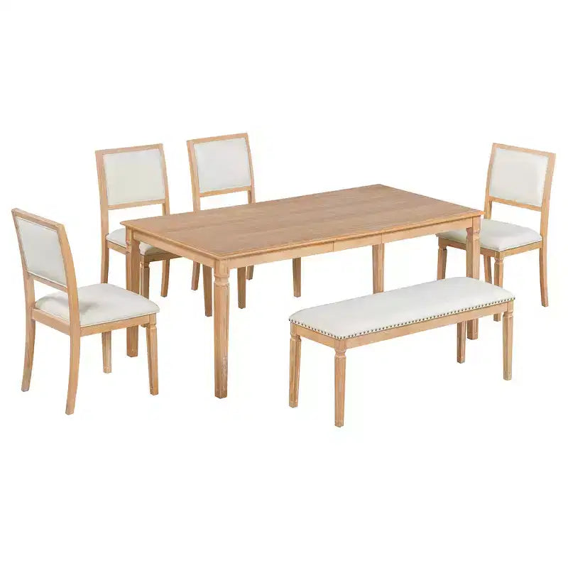 Ensemble de table à manger vintage Whisen et ensemble de table de cuisine rustique pour 6 personnes avec 4 chaises et un banc et des pieds sculptés rétro
