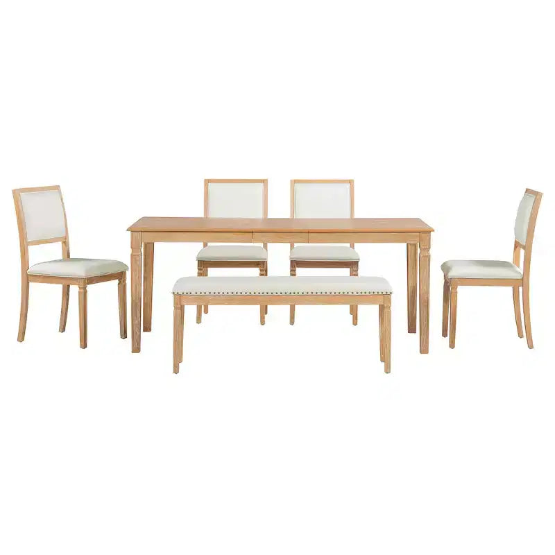 Ensemble de table à manger vintage Whisen et ensemble de table de cuisine rustique pour 6 personnes avec 4 chaises et un banc et des pieds sculptés rétro