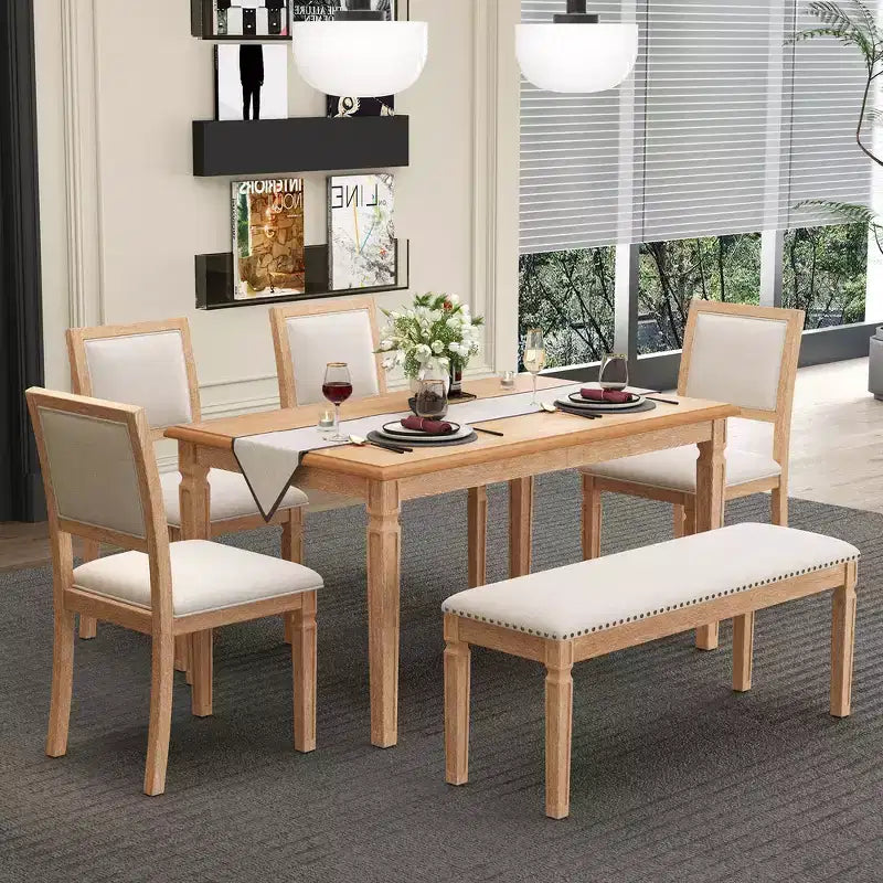 Whisen Vintage Dining Table Set & Rustic Kitchen Table Set for 6 with 4 Chairs & Bench and Retro Carved Legs