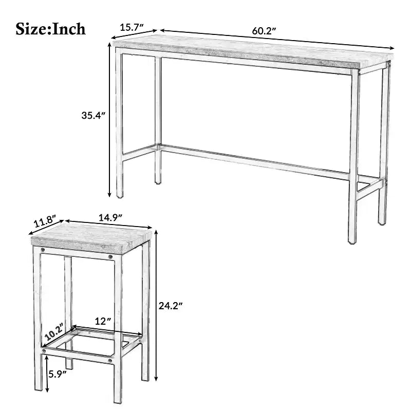 Ensemble de table à manger extra longue en bois vintage Okak et tabourets de coin repas, ensemble de salle à manger rectangulaire pour cuisine, salle à manger