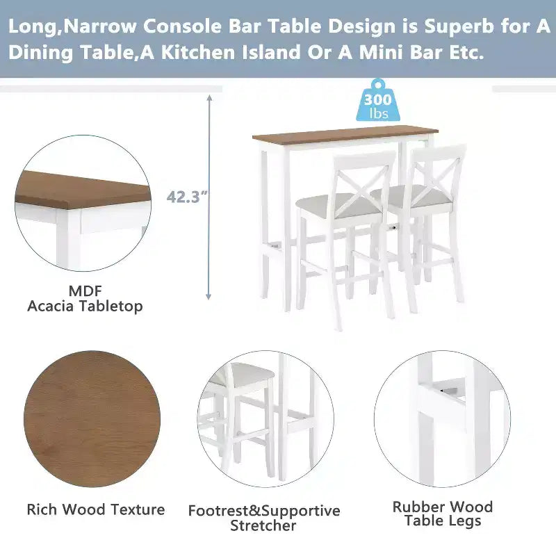 Ensemble table de bar et chaises de coin repas Okak Farmhouse, rectangulaire, pour cuisine et salle à manger