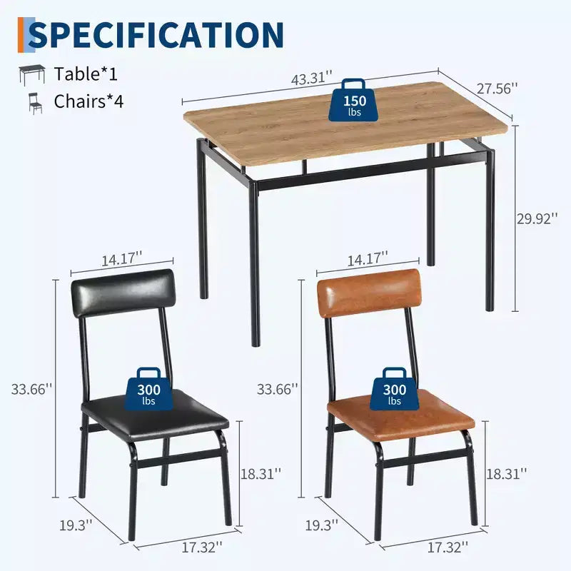 Ensemble de salle à manger industriel pour 4 personnes, table de cuisine en bois, ensemble de meubles de coin petit-déjeuner de style ferme, pour salle à manger, appartement, studio