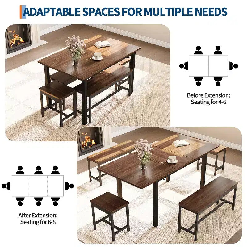Ensemble de salle à manger extensible 5 pièces pour 4 à 8 personnes, 2 bancs et 2 tabourets, meubles de salle à manger modernes, montage facile