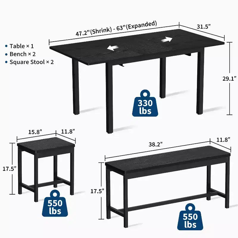 Ensemble de salle à manger extensible 5 pièces pour 4 à 8 personnes, 2 bancs et 2 tabourets, meubles de salle à manger modernes, montage facile
